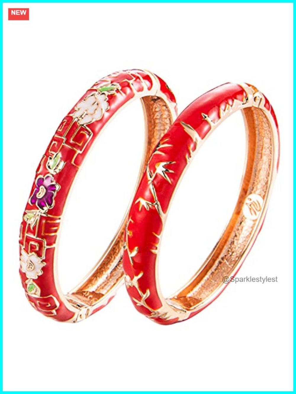 UJOY Cloisonne Bracelets Set Plated Enameled Spring Hinged Metal Cuff Bangles